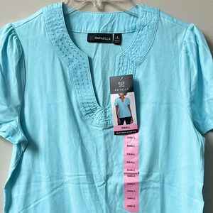 Rafaella Short Sleeve V Neck Pullover Top Cotton‎ Casual Beaded Neck NWT Small